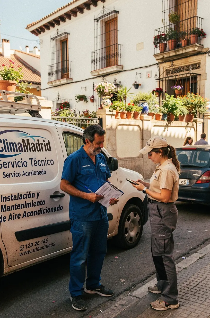 Personal técnico explicando a un cliente los beneficios del mantenimiento preventivo del sistema de climatización.