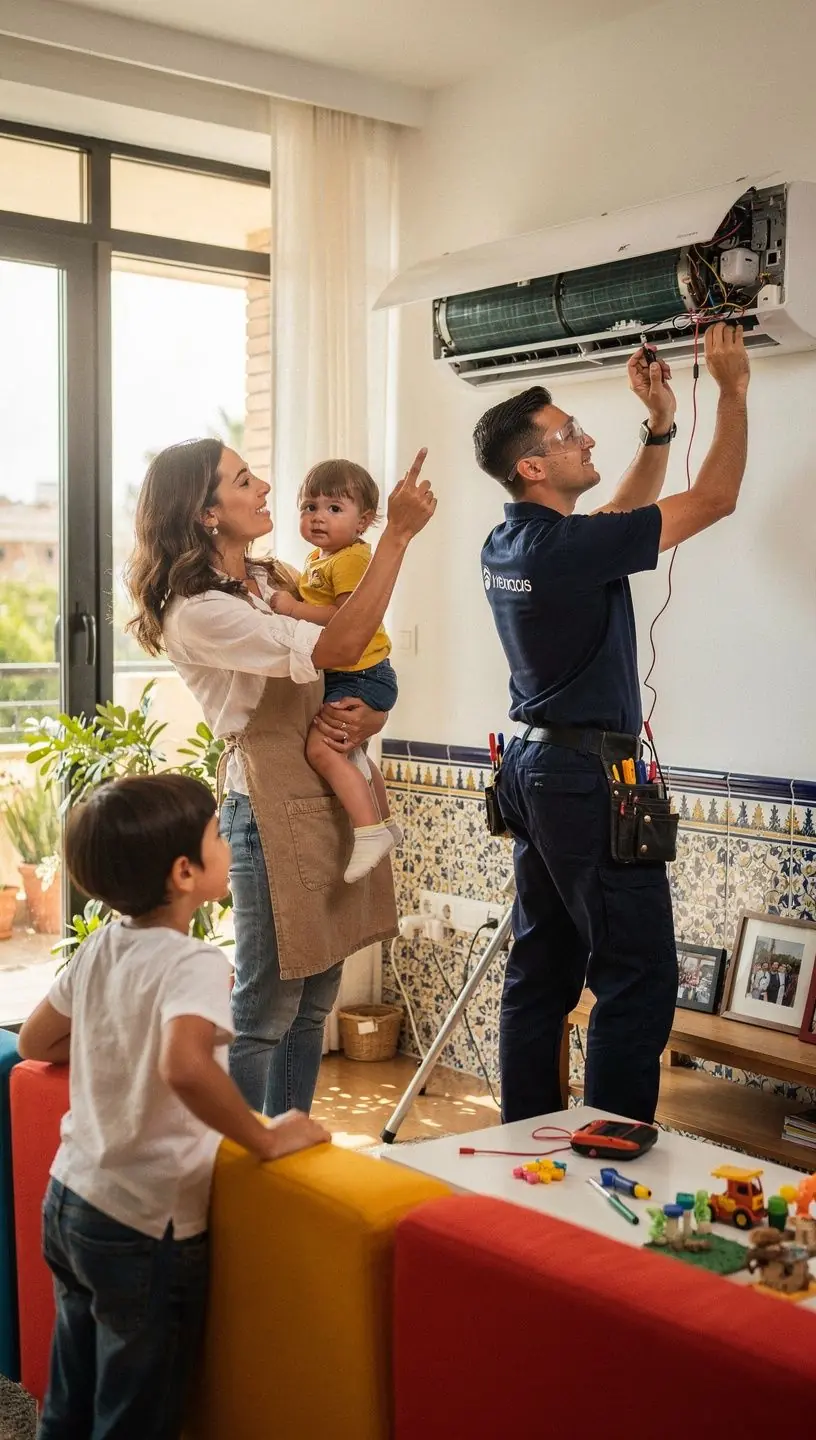Profesionales reparando una unidad de climatización en un centro de servicio en España.